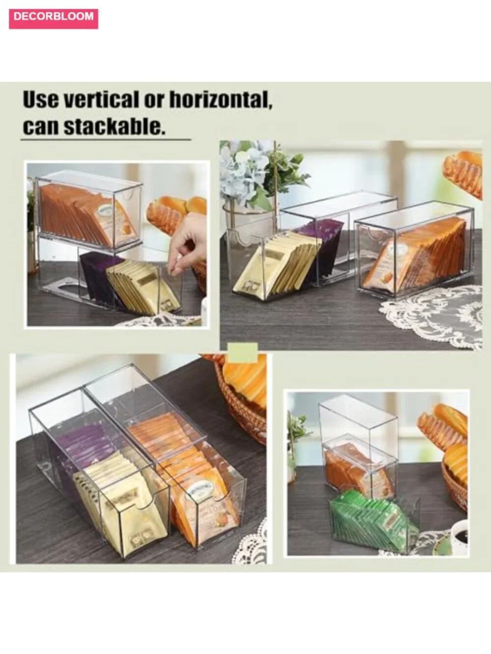 Acrylic Tea Bag Organizer Box with 2 Drawers, Stackable Storage for Coffee Pods